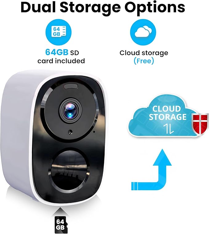 2025 Upgraded 2K Wireless Security Camera with 64G SD Card, Free Cloud Storage, 1-6 Month Battery Life, AI Motion Detection, Spotlight, Siren Alarm, 2-Way Audio, Waterproof WiFi Surveillance Camera
