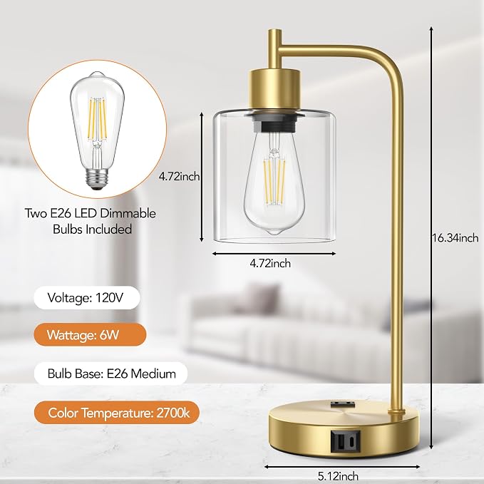 QiMH Set of 2 Industrial Table Lamps, Glass Desk Lamp - Image 3
