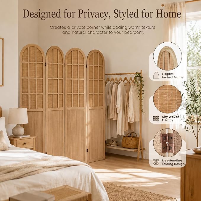 4 Panel Room Divider Privacy Screen Bamboo Wood Light Brown | Folding - Image 3