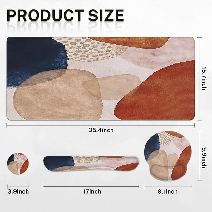 Britimes Abstract Boho Keyboard Mouse Pad Set 4in1 Large Mousepad+Keyboard Wrist Rest+Mouse Wrist Rest+Coaster Set with Ergonomic Design for Home Office Computer 35.4x15.7 inches