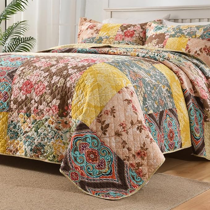 Autumn Dream Cotton Bedspread Quilt Yellow Floral Bedding Sets, Queen Size | - Image 5