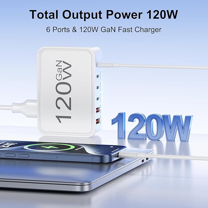 USB C Charger Block,120W GaN 6 Port Type C Fast Charging Station Hub,5FT Cord USB C Wall Charger Adapter Plug for iPad, iPhone 17, 16, 15, 14, 13, 12 Pro Max, Pixel, Galaxy and More