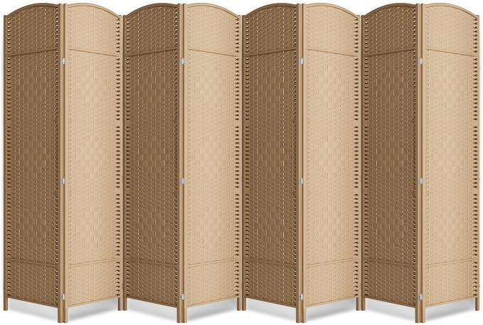 8 Panel Folding Room Divider, Woven Privacy Screen, Light Beige | Solid wood by cocosica