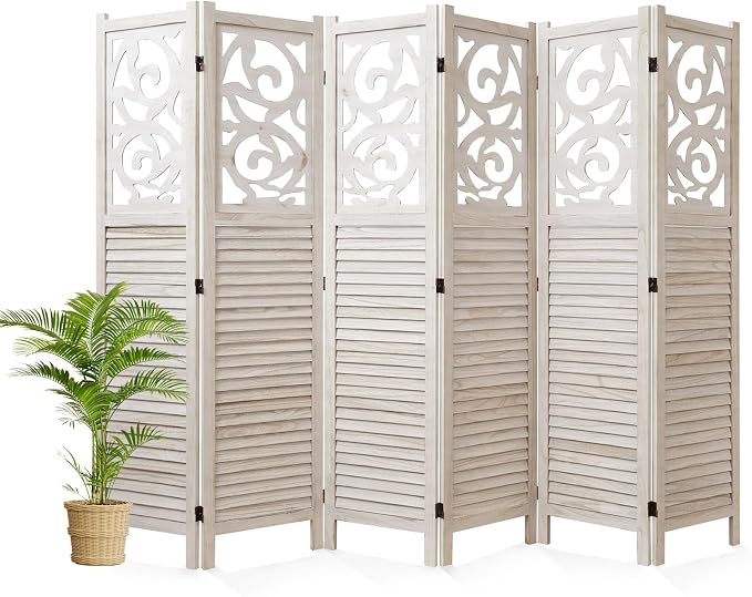 Svimi Folding Room Divider, 5.6Ft 6 Panels Wood Carved Privacy Screens by Svimi