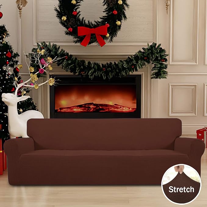 Easy-Going Stretch 4 Seater Sofa Slipcover 1-Piece Sofa Cover Furniture Protector Couch Soft with Elastic Bottom for Kids, Polyester Spandex Jacquard Fabric Small Checks Coffee