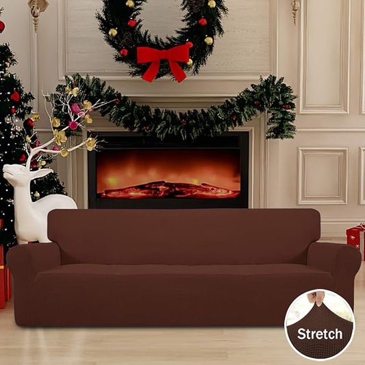 Easy-Going Stretch 4 Seater Sofa Slipcover 1-Piece Sofa Cover Furniture Protector Couch Soft with Elastic Bottom for Kids, Polyester Spandex Jacquard Fabric Small Checks Coffee