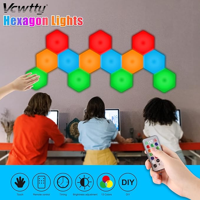 Vcwtty Hexagon Lights, Smart LED Wall Lights with Remote, 13 Colors Touch-Sensitive DIY Modular Assembled RGB Wall Panels, Hex Light with USB-Power for Autism, Game Room Decor, Party (10 Pack)