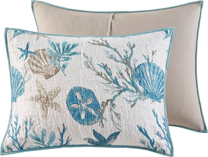 Madison Park Cotton Coastal Starfish Aqua Queen Quilt Set, Down Alternative - Image 11