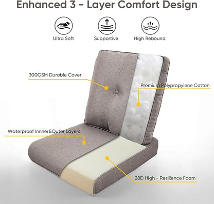 10-Piece Outdoor Patio Cushion Set - Fade & Water Resistant with Removable Olefin Cover, 22x24x4 Inch Memory Foam Cushions for Wicker Sectional Sofa – Grey/Buckle