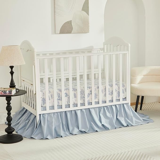 Brandream Boho Bohemian Girl Boy Baby Nursery Crib Bed Skirt Dust Ruffle - Neutral Solid Color Light Blue Farmhouse Chic 100% Percale Cotton Ruffle