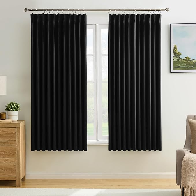 72 Inch Wide Black Pinch Pleated Curtains 72 x 63, Thermal Insulated Noise by KEQIAOSUOCAI