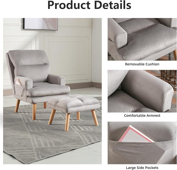 IOMOR Accent Chair with Ottoman, Velvet Fabric Chair Armchair with Adjustable - Image 4