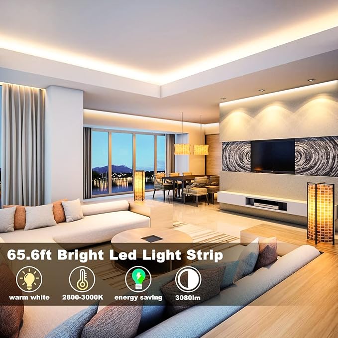 MY BEAUTY LIGHT LED Strip Lights Warm White,65.6ft Dimmable LED Light Strip with RF Remote,1200 Bright 3000K 2835 LEDs,Plug-in Adhesive Rope Lights with Timing Mode for Living Room Bedroom Kitchen