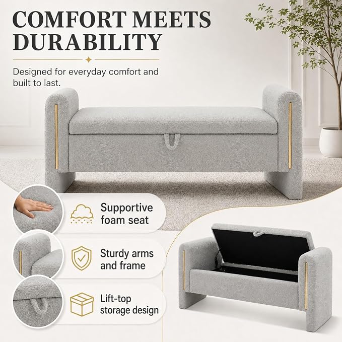 52" Upholstered Storage Bench, Wood Frame | Mid-century storage ottoman bench - Image 6