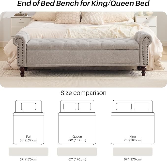 SOFTHION 67" Storage Bench for Bedroom, Linen Upholstered, Light Brown | King - Image 5