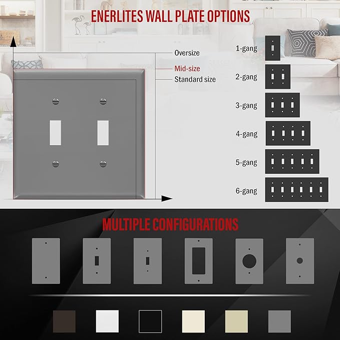 ENERLITES Double Light Switch Wall Plate, Toggle Switch Plate, Gloss Finish, 2-Gang Mid-Size 4.88" x 4.92", Unbreakable Polycarbonate Thermoplastic, UL Listed, 8812M-GY, Gray