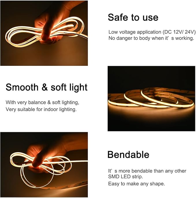 TUNICHX COB LED Strip Lights DC 12V LED Strip Flexible Super Bright LED Strips,16.4ft 3000K Warm White,CRI 90+,2400LEDs High Density Uniform Light for Home Room Decor (No Adapter or Controller)