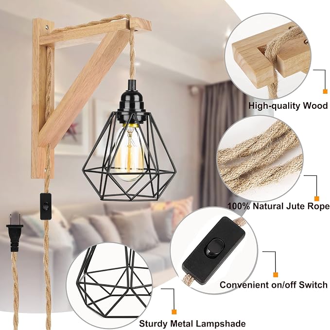 Frideko Plug in Wall Sconce Set of Two, Boho Farmhouse Hanging Wall Lamp - Image 8