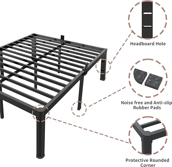 ROIL 18 Inch Full Size Bed Frame with Rounded Corner and Headboard Hole Mattress Retainers 3500LBS Metal Heavy Duty Steel Slats No Box Spring Needed Platform Noise-Free Easy Assembly