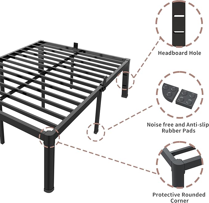 ROIL 18 Inch Twin Bed Frame with Rounded Corner and Headboard Hole Mattress Retainers 3500LBS Metal Heavy Duty Steel Slats No Box Spring Needed Platform Noise-Free Easy Assembly