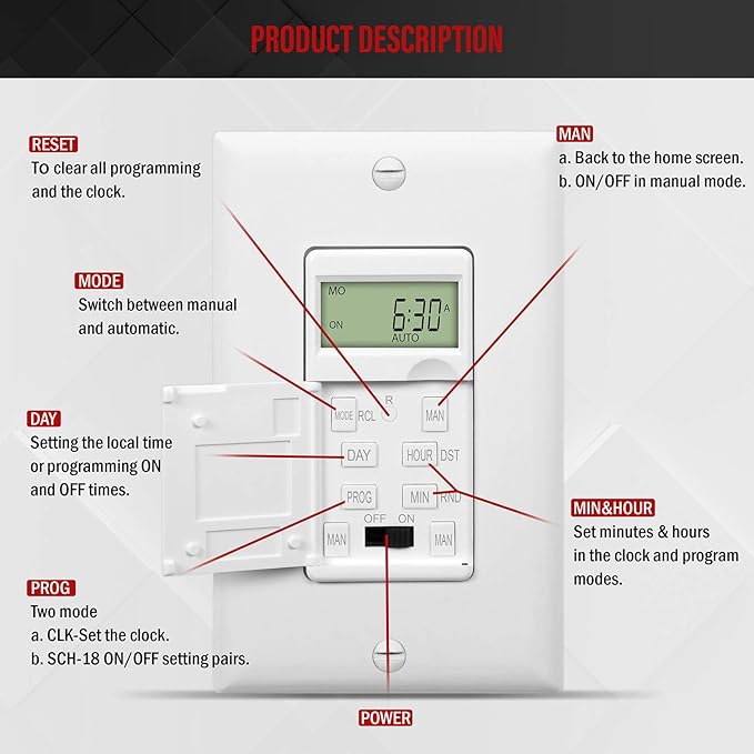 ENERLITES - HET01-C-W Programmable Digital Timer Switch for Lights, Fans, Motors, 7-Day18 ON/OFF Timer Settings, Single Pole, Neutral Wire Required, UL Listed, HET01-C, White