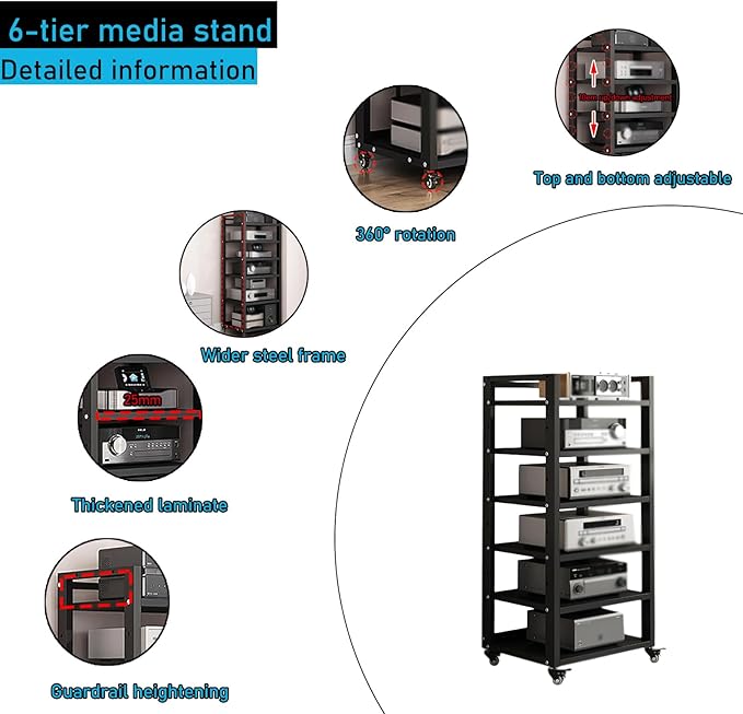 Dernoing 6 Tier Audio Rack Tower, CD Record Player Stereo Receiver AV Equipment Cabinet Display Rack, Weight Capacity 661 lbs, with Adjustable Wooden Shelves for Home (6 Tier Black)