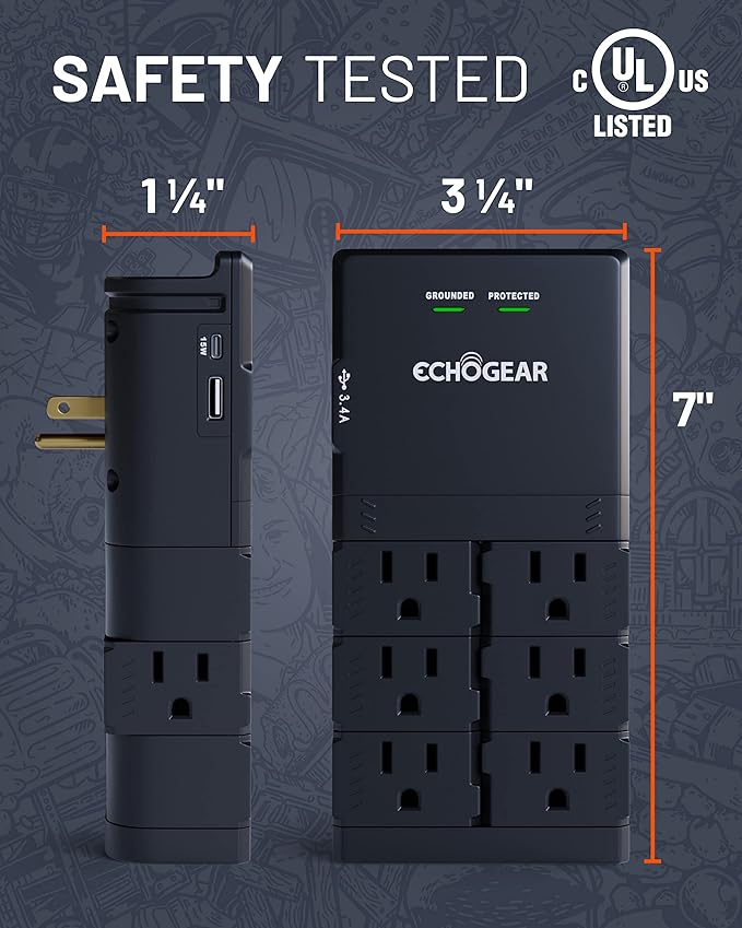 ECHOGEAR Wall Outlet with Surge Protection - Power & Protect 8 Devices with 6 Rotating AC Plugs & 2 USB Ports - Includes 1x USB-C Port & 1x USB-A Port - Black