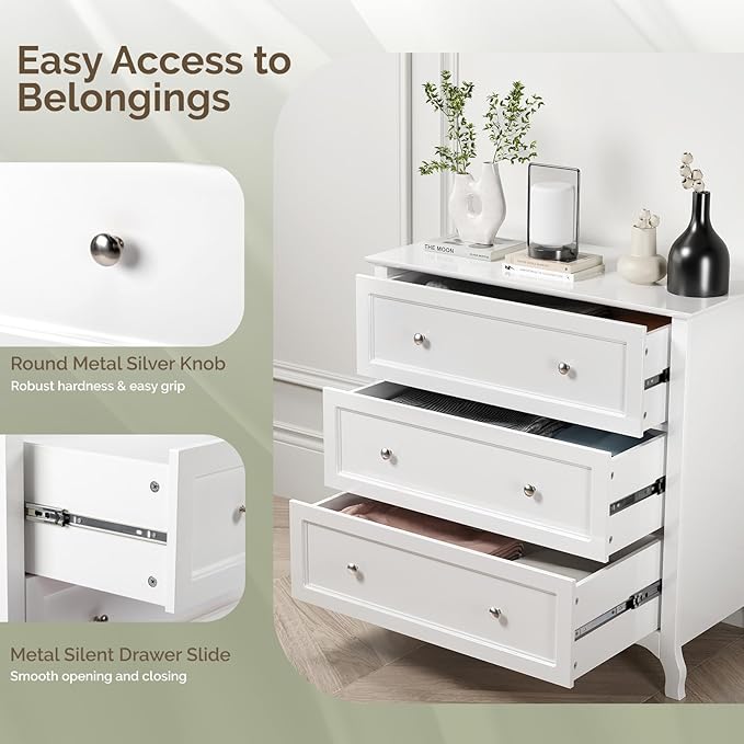 Bonnlo 31.5" W White Nightstand 3 Drawer Chest, Night Stand - Image 5