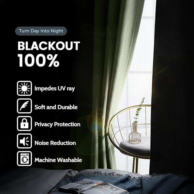 SimpleHome Sage 100% Blackout Curtains Room Darkening Living Room 45 Inch | - Image 3