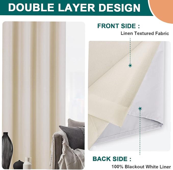 Diraysid 100% Blackout Curtains Light Beige Linen Curtains - Image 4