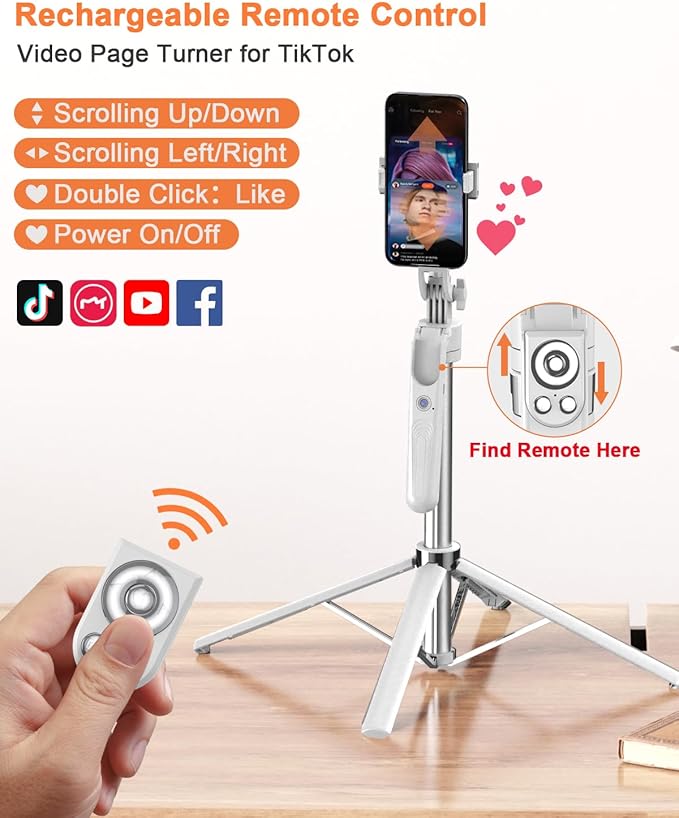 Yeaki 71” Auto Face Tracking Tripod for iPhone with Light,360° Rotating Phone Stand with Rechargeable Remote Control for TikTok Vlog, Phone Tripod for Android Camera/GoPro/Ring Light (White)