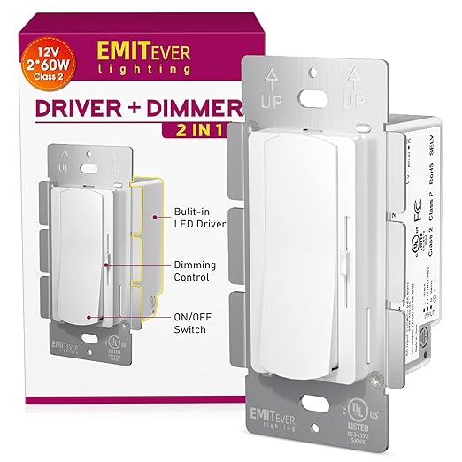 Dimmer Light Switch & 12V 120W Dimmable LED Driver 2 in 1, UL Listed Class 2 Single-Pole or 3-Way Slide Dimmer Switch for Led Lights,120VAC to 12VDC Power Supply for Low Voltage Project, Glossy White