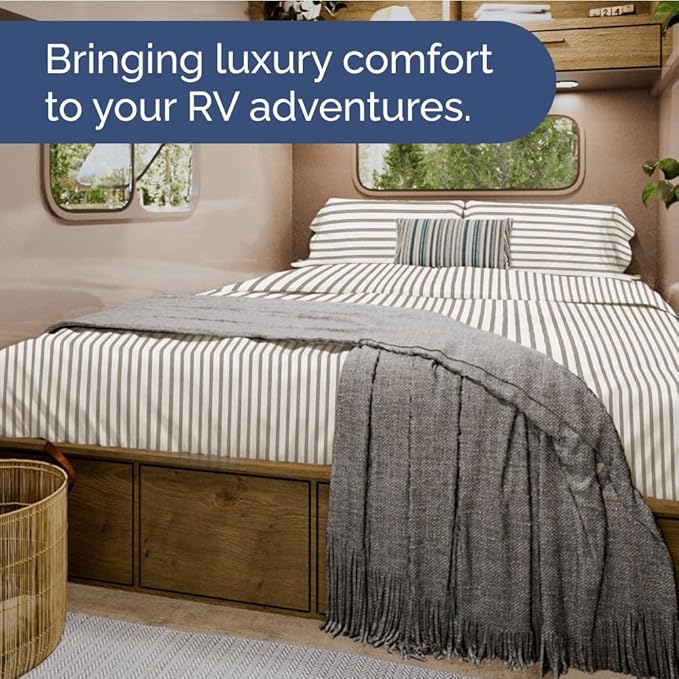 RV Short Queen Sheet Set 60 X 75 - 4 Piece RV Short Queen Bed Sheets - Soft, Breathable & Cooling - Designed for Bunks, Trailers & Campers - Fits 8” to 12" Mattress - Luxury Bedding - Beige Stripes 2