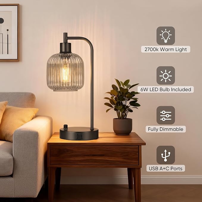 Grey Glass Table Lamps Set of 2, Dimmable Bedside Lamps - Image 4