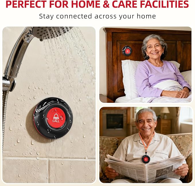 CallToU Caregiver Pager Wireless Call Bell Alert Button for Seniors/Elderly/Patients 1 Plugin Receiver 1 Waterproof Transmitter