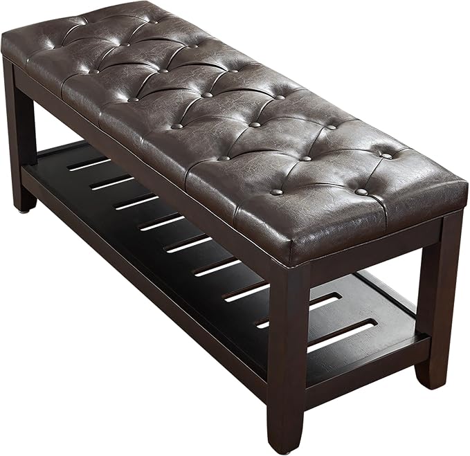 LOULENS 44'' PU Storage Bench, End of Bed Bench, Dark Brown | Solid Wood Frame by LOULENS