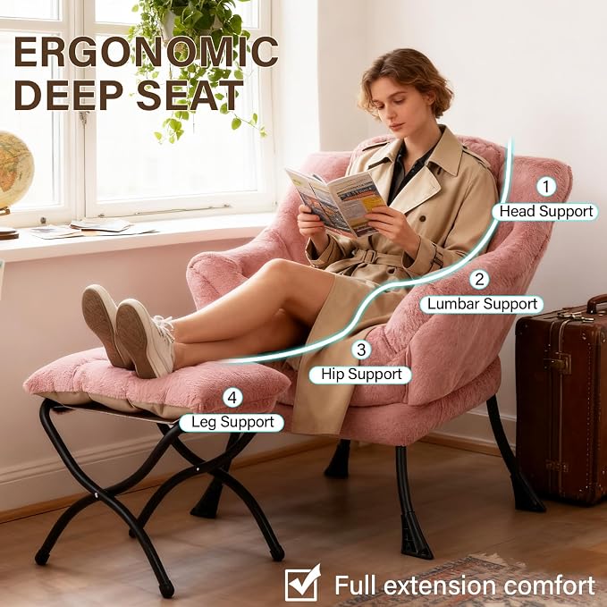 Welnow Lazy Chair with Ottoman, Reading Chair with Footrest, Plush Dark Pink | - Image 6