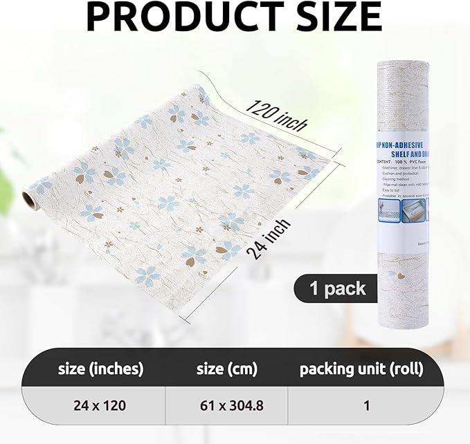 RAY STAR 24X120 Inch Shelf Liner for Kitchen Cabinets, Non-Adhesive Cabinet Liner Washable, PVC Drawer Liner for Dresser Non-Slip Bathroom (Floral)(1 Roll)