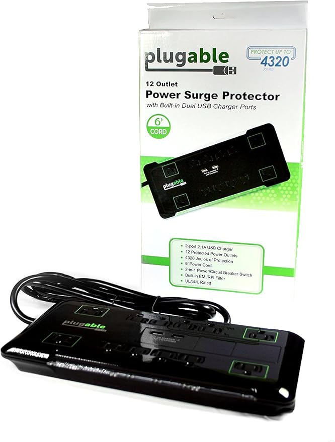 Plugable 12 Outlet Power Strip 4320 Joules Surge Protection, Built-in 10.5W 2-Port USB Charger for Android and Apple Phones, Mobile Devices, 6 Foot Cable