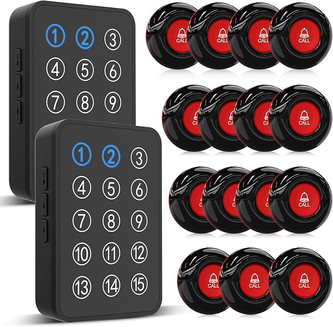 CallToU Wireless Caregiver Pager Nurse Call Button for Elderly LED Call Light Nurse Alert System Call Bell for Patients at Home Clinic/Medical Institution/Nursing Home (15 Call Button + 2 Receiver)