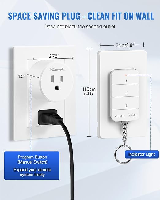 Remote Control Outlet, WILAWELS Wireless Light Switch with Magnetic Base, On Off Remote Outlet Switch for Lights, Lamps, 100ft RF Range, 15A/1875W, Pre-Programmed, 1 Remote for 3 Plugs W09RC1306