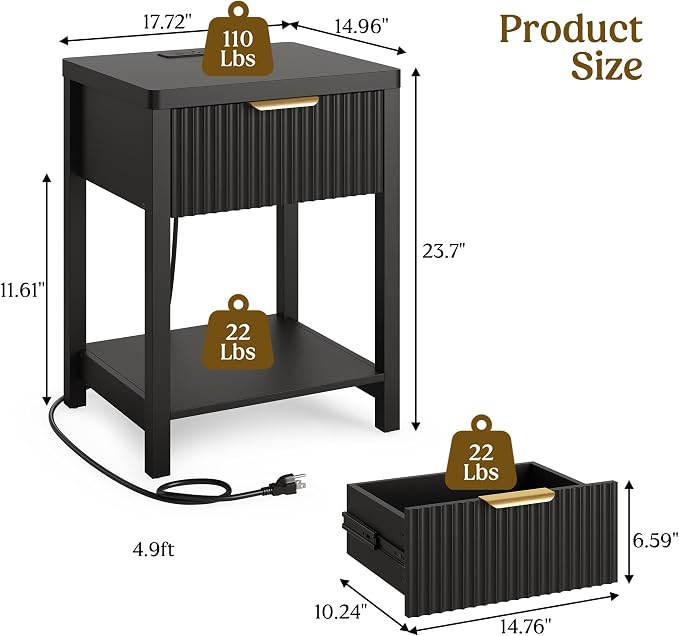 Night Stand Set 2, Fluted Wood Nightstands w/Charging Station - Image 3