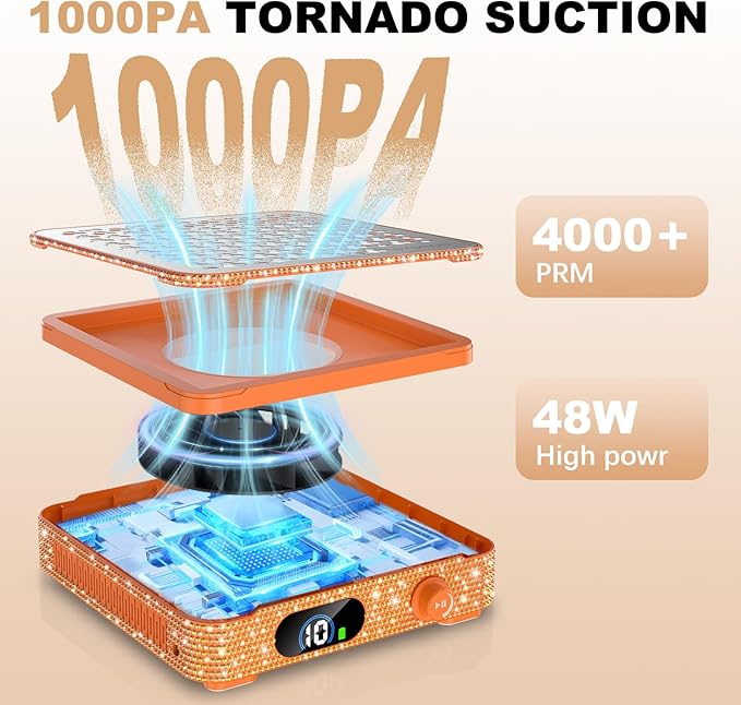 Nail Dust Collector | 1000PA Professional Nail Dust Collector | 10 Speed Levels| Low Noise & Strong Suction| Reusable Filter, 10 Pads + Nail Dust Brush| for Acrylic Nails, Salon & Home -Orange Diamond