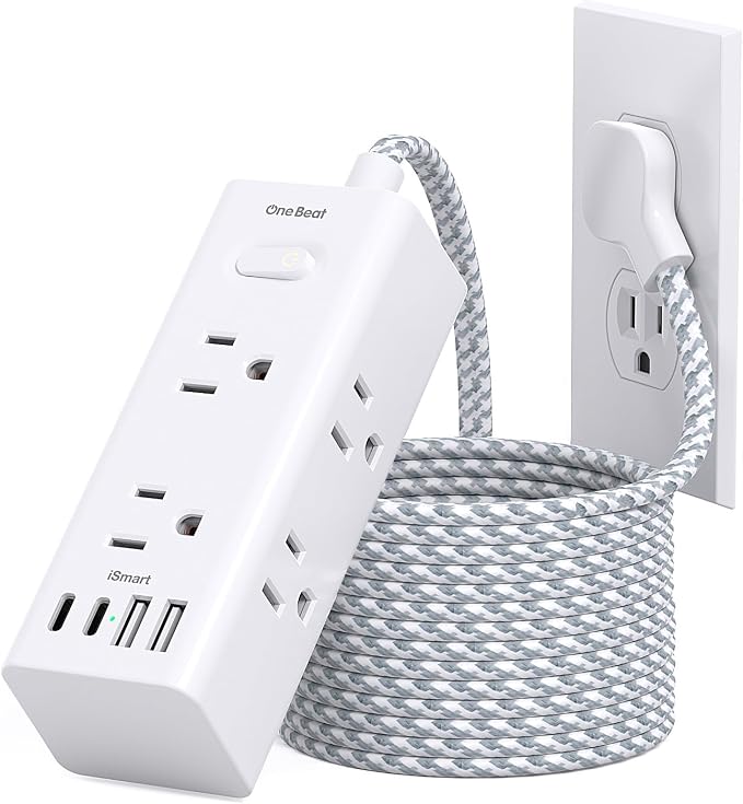 Flat Plug Extension Cord 15Ft, One Beat Surge Protector Power Strip 15 Ft Cord by OneBeat