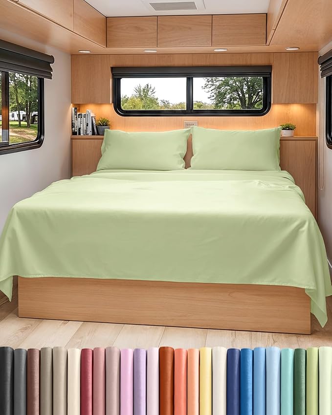 RV Short Queen Sheet Set 60 X 75 - 4 Piece RV Short Queen Bed Sheets - Soft, Breathable & Cooling - Designed for Bunks, Trailers & Campers - Fits 8” to 12" Mattress - Luxury Bedding - Light Sage Green