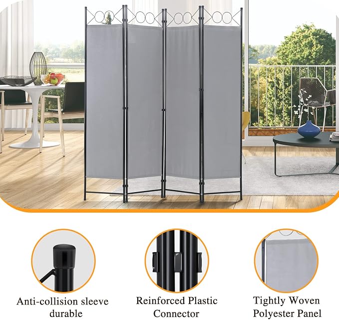 Dopinmin Room Divider, Folding Privacy Screen 4 Panels Wall Divider Grey | - Image 2