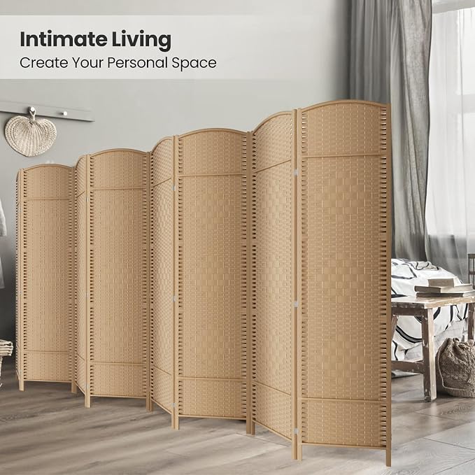 8 Panel Folding Room Divider, Woven Privacy Screen, Light Beige | Solid wood - Image 4
