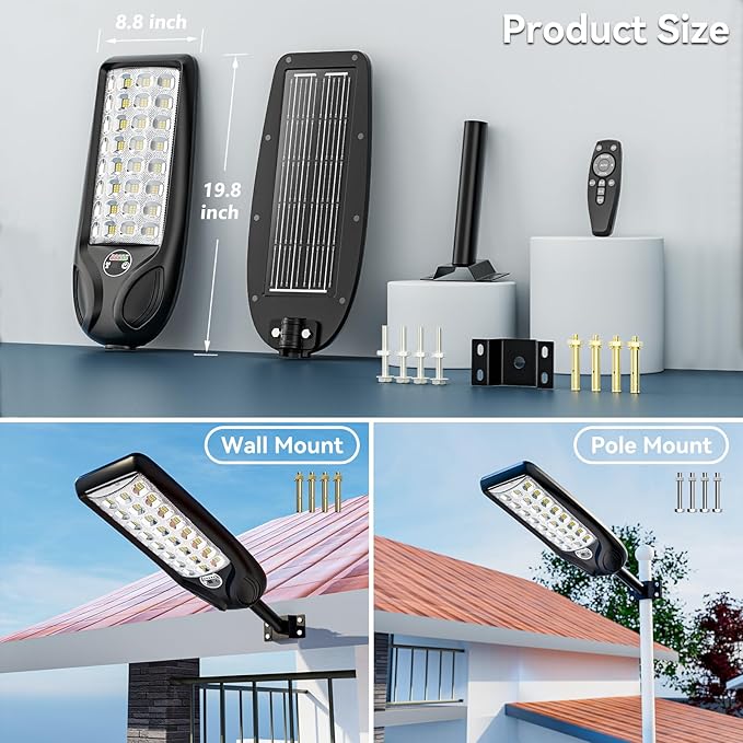 MMKT Solar Lights Outdoor, 8000W 3 Color Solar Street Lights, Commercial Solar Parking Lot Lights Waterproof Dusk to Dawn, Security Flood Lights with Motion Sensor for Yard, Basketball Court 2Pack
