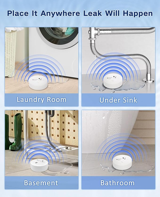 Geevon 4 Pack Water Leak Detectors, 100dB Water Sensor Alarms Flood Detector for Basements, Bathrooms, Laundry Rooms, Kitchens, Garages, and Attics, Water Alarms Battery-Operated (Battery Included)