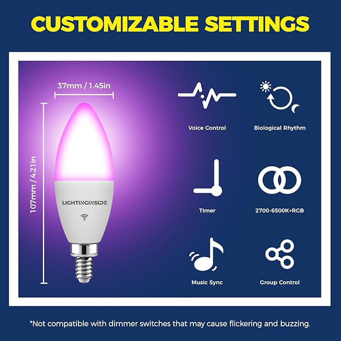 Lightinginside E12 Smart Light Bulbs 60W Equiv., Work with Alexa/Google Home/Smart Life, 500LM 6W RGBCW Candle Candelabra LED Light Bulbs, No Hub Required, 2.4G WiFi Bluetooth Bulb, ETL Listed, 6PCS